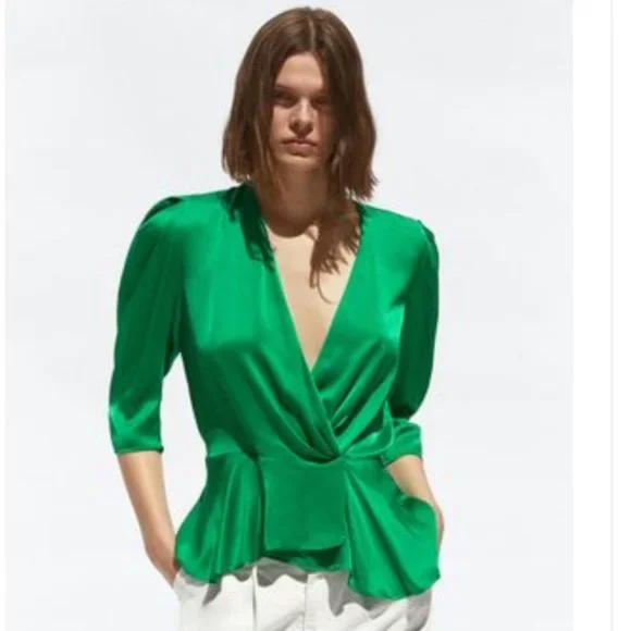 Zara Tops Zara New Satin Wrap Blouse Emerald Green S Poshmark - Main Image